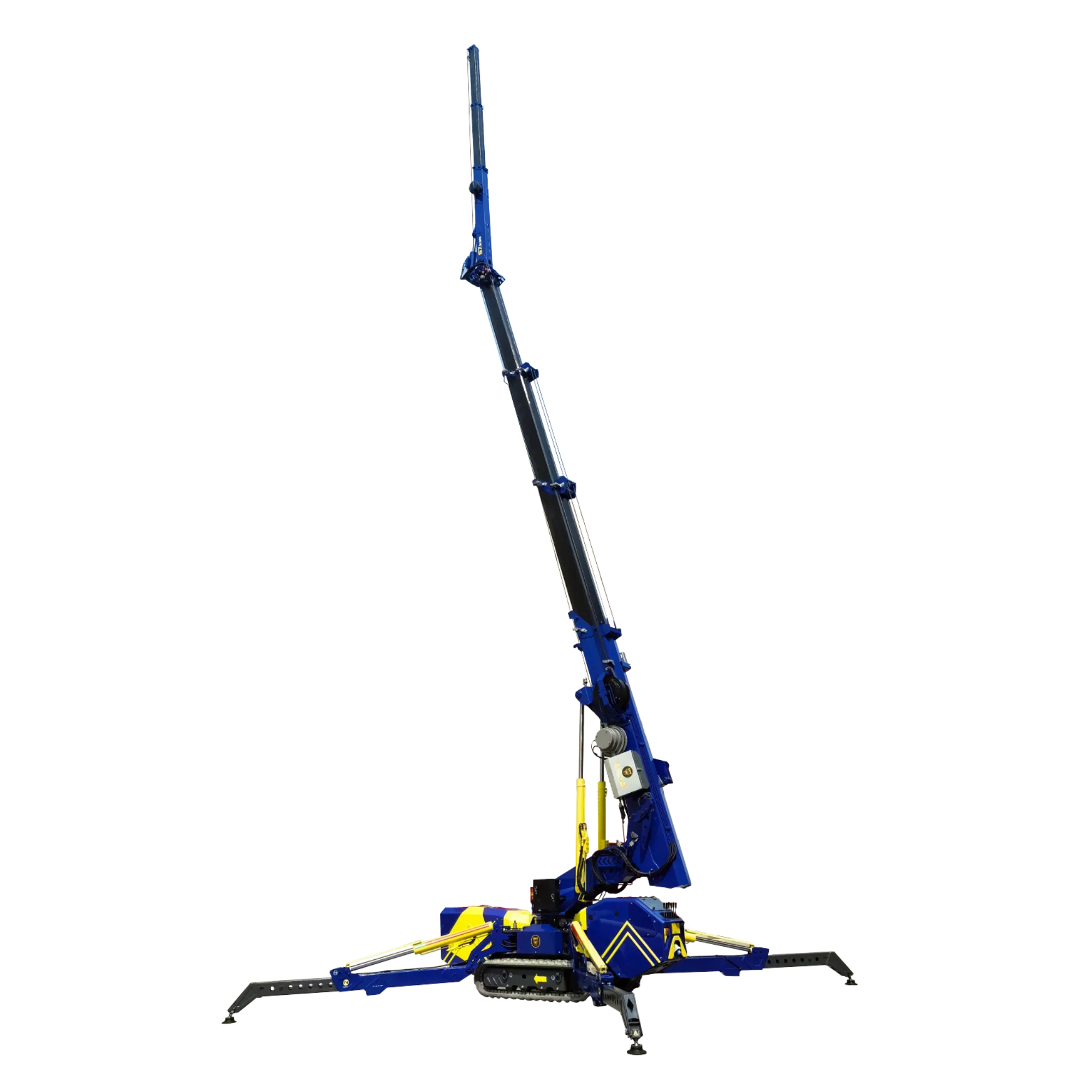 Mini-grue SPT S7 avec bras dépliée en position levée et stabilisateurs étendus